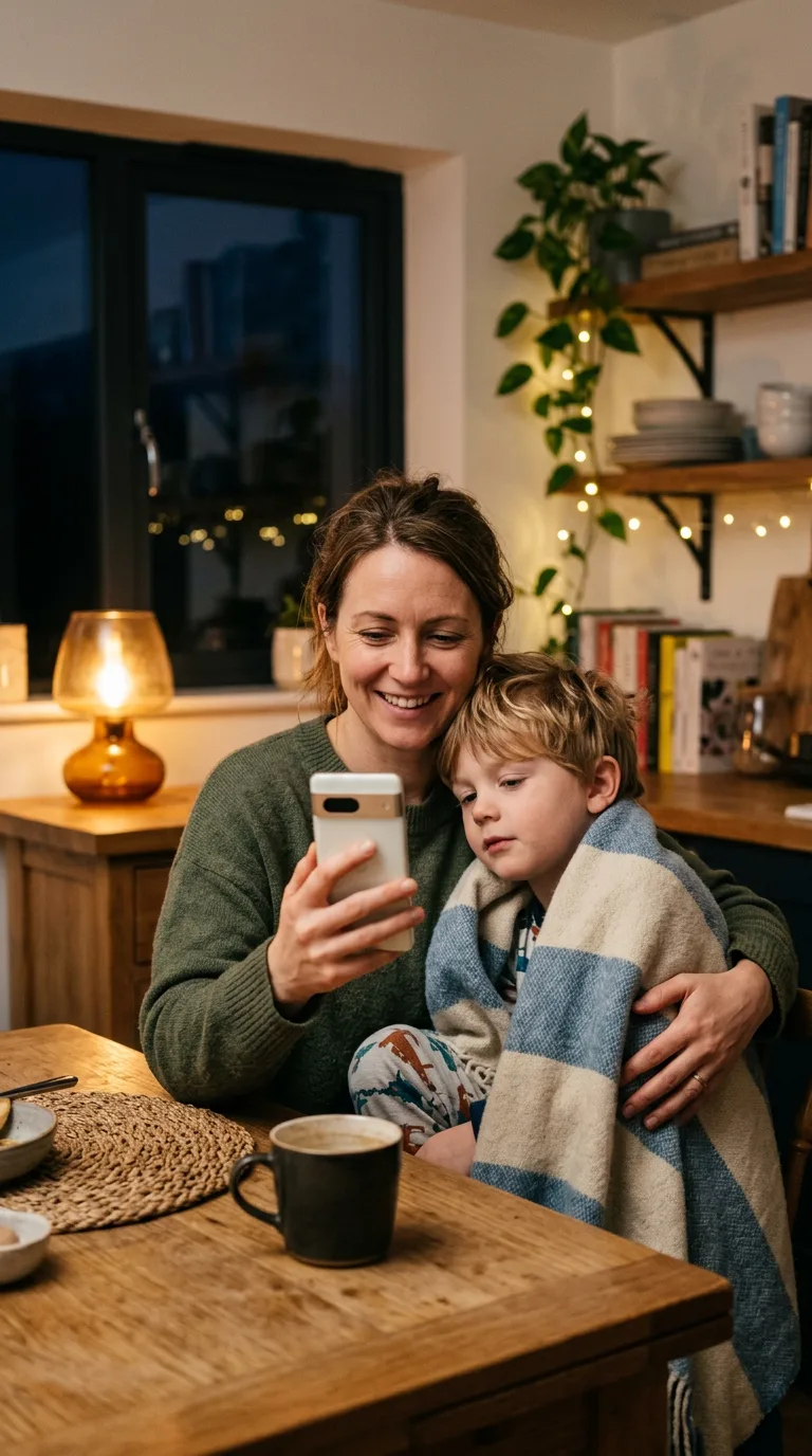 A parent on a relaxed video call at the kitchen table while her son rests beside her